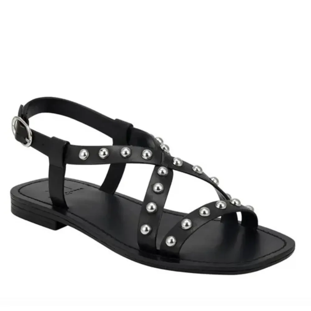 MARC FISHER Fianna Flat Studded Leather Sandals black silver Sz 8